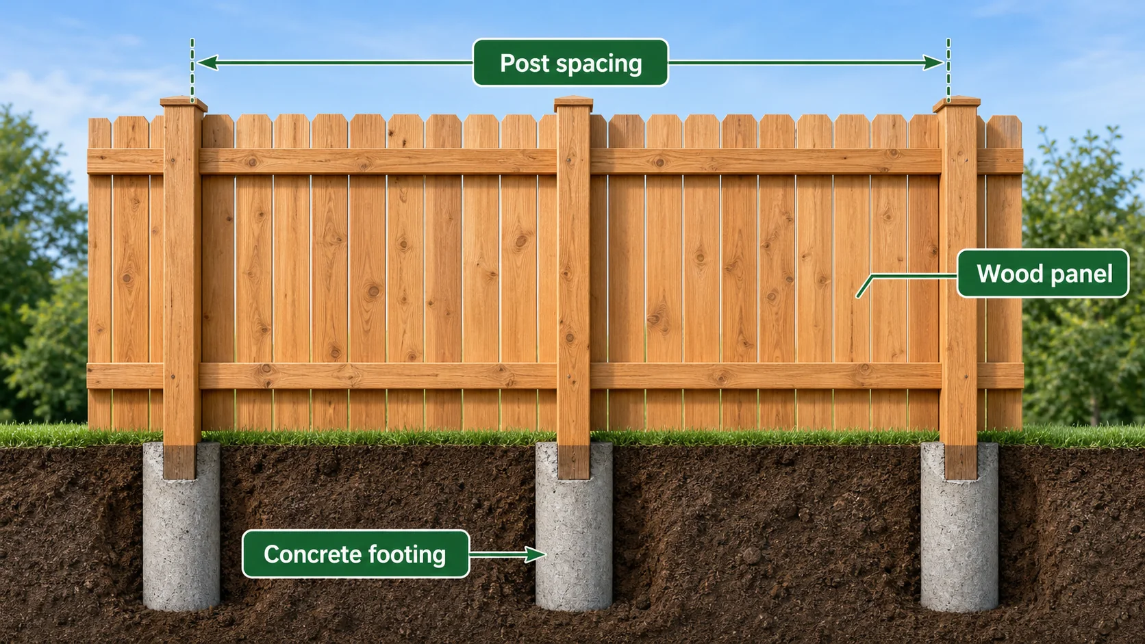 Educational diagram for fence company granbury tx showing Property line, Post depth, Panel style